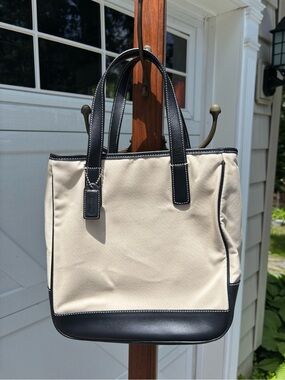 Vintage Coach Hamptons Large Tote Bag Linen/Canvas Cream/Black Leather #7707